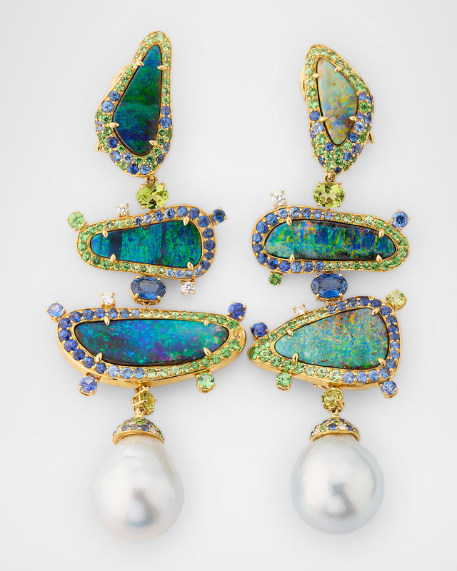 18K Yellow Gold Totem Earrings with Australian Opals and South Sea Pearls
